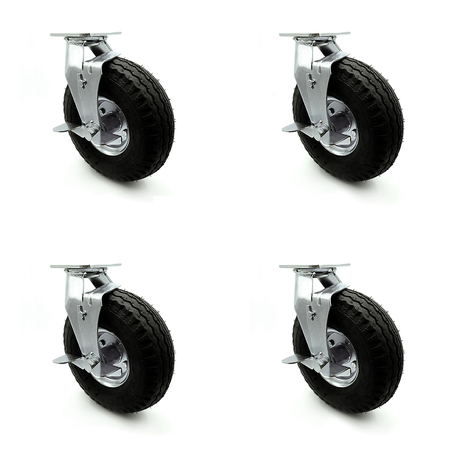 10 Inch Black Pneumatic Wheel Swivel Casters With Brake And Bolt Swivel Lock Set